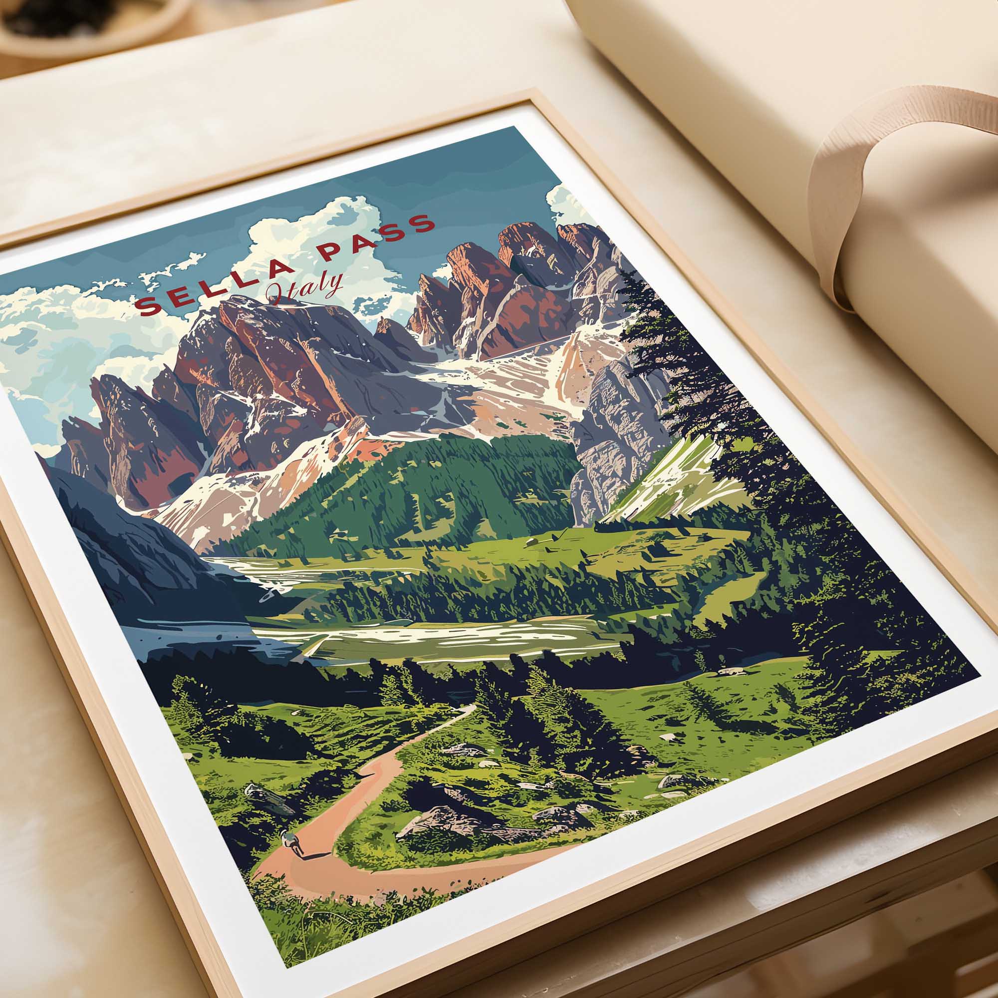 Sella Pass Poster Italy showcasing the stunning Dolomites mountains and vibrant landscape in a lovely frame.