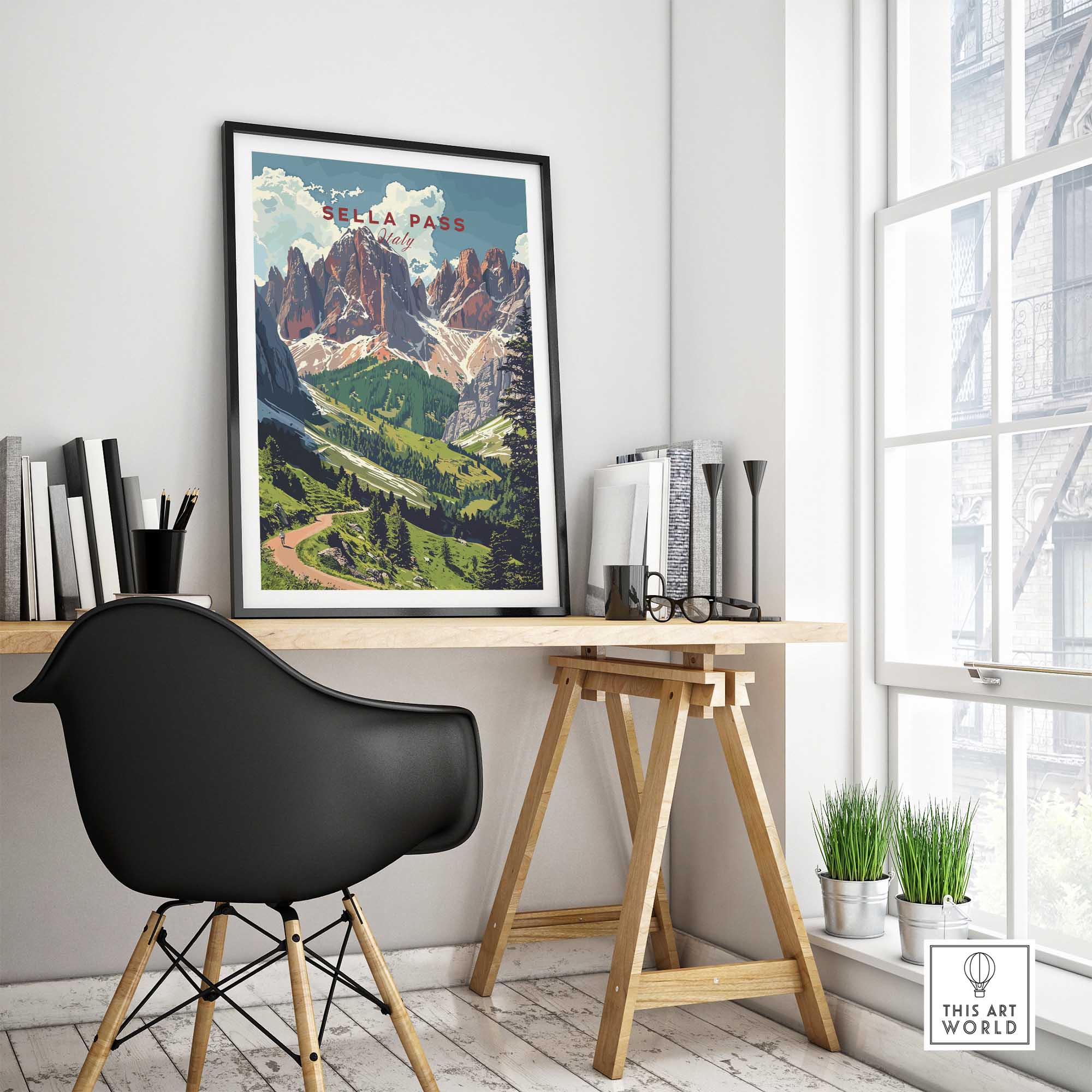 Sella Pass Poster Italy displayed on a wall showcasing stunning Dolomite mountains and vibrant greenery in a modern living space.