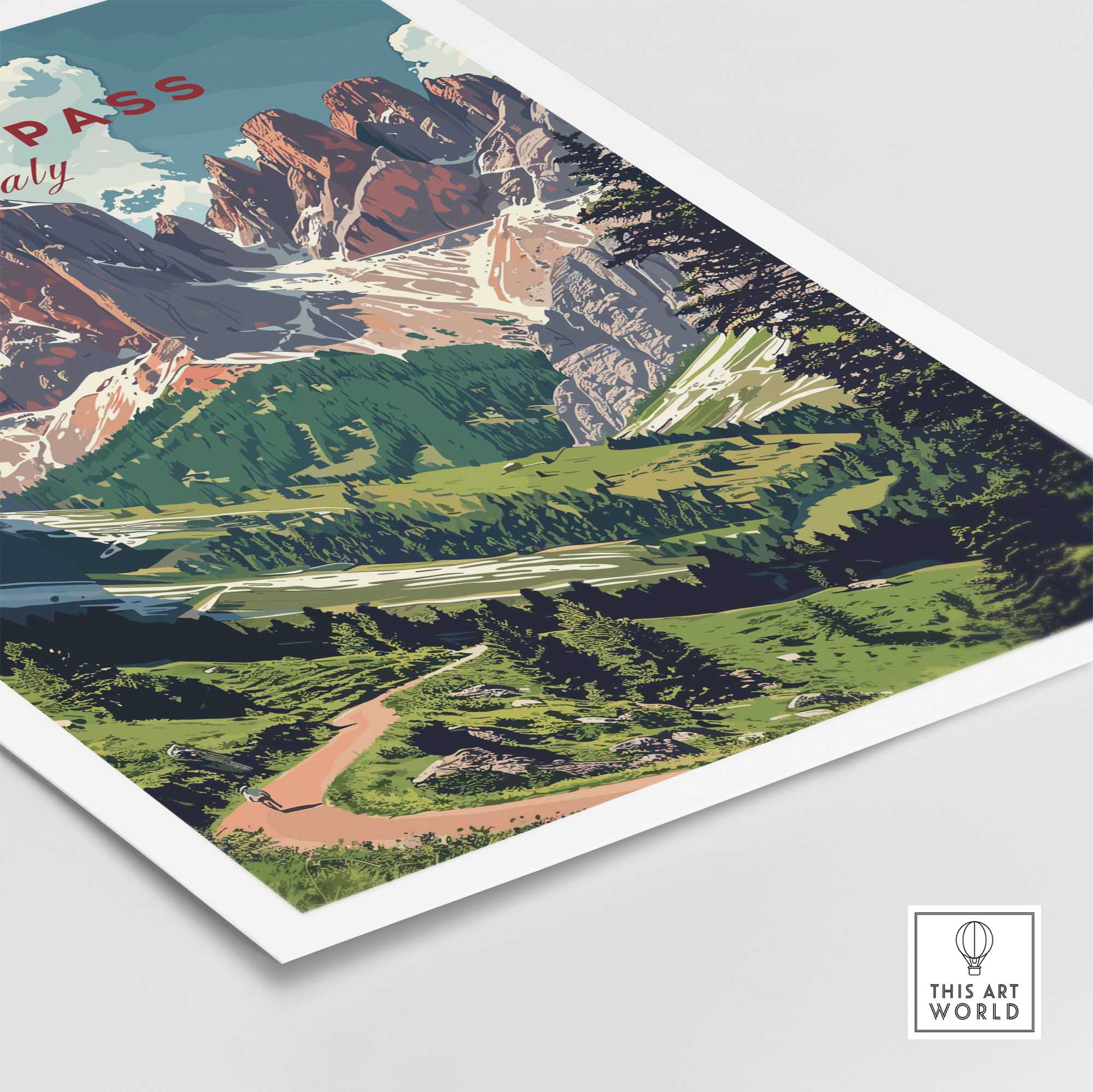 Sella Pass Poster Italy showcasing the breathtaking Dolomites mountain landscape with vibrant colors.