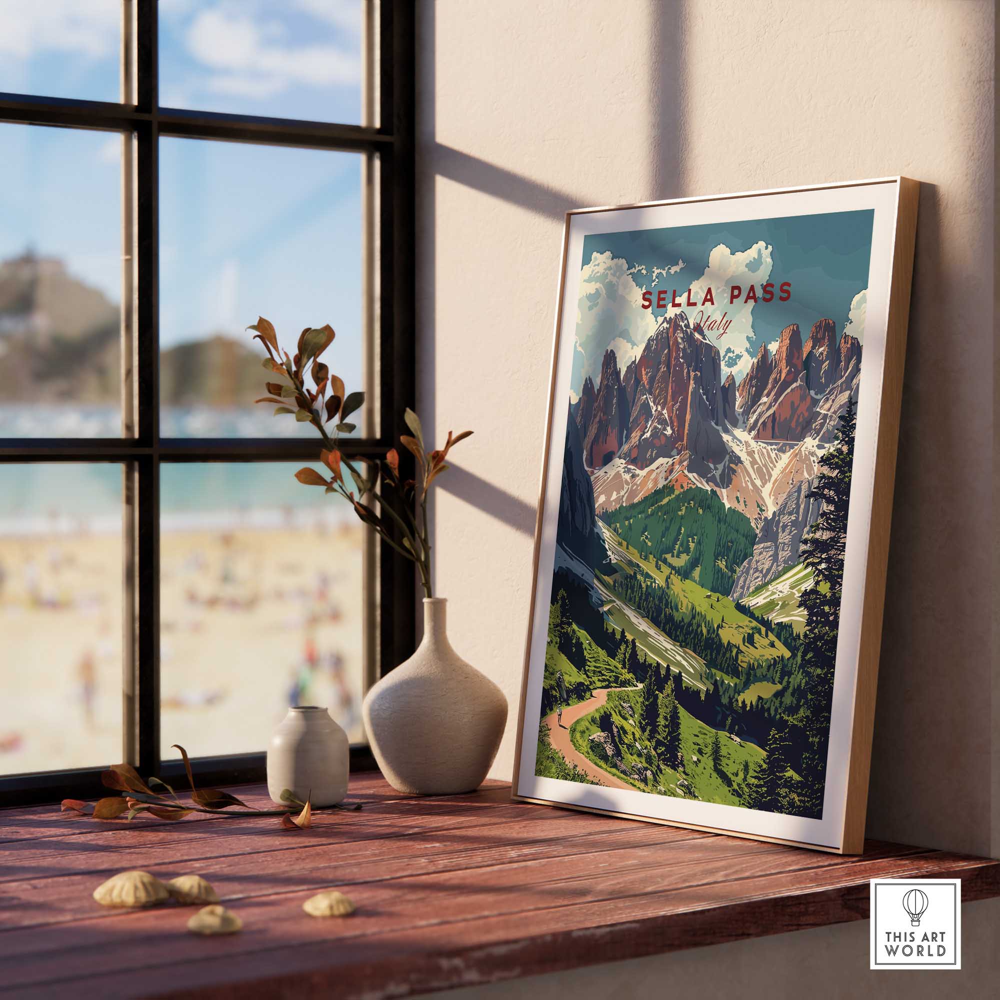 Sella Pass Poster Italy displayed in a cozy room, showcasing stunning Dolomites scenery and a travel vibe.