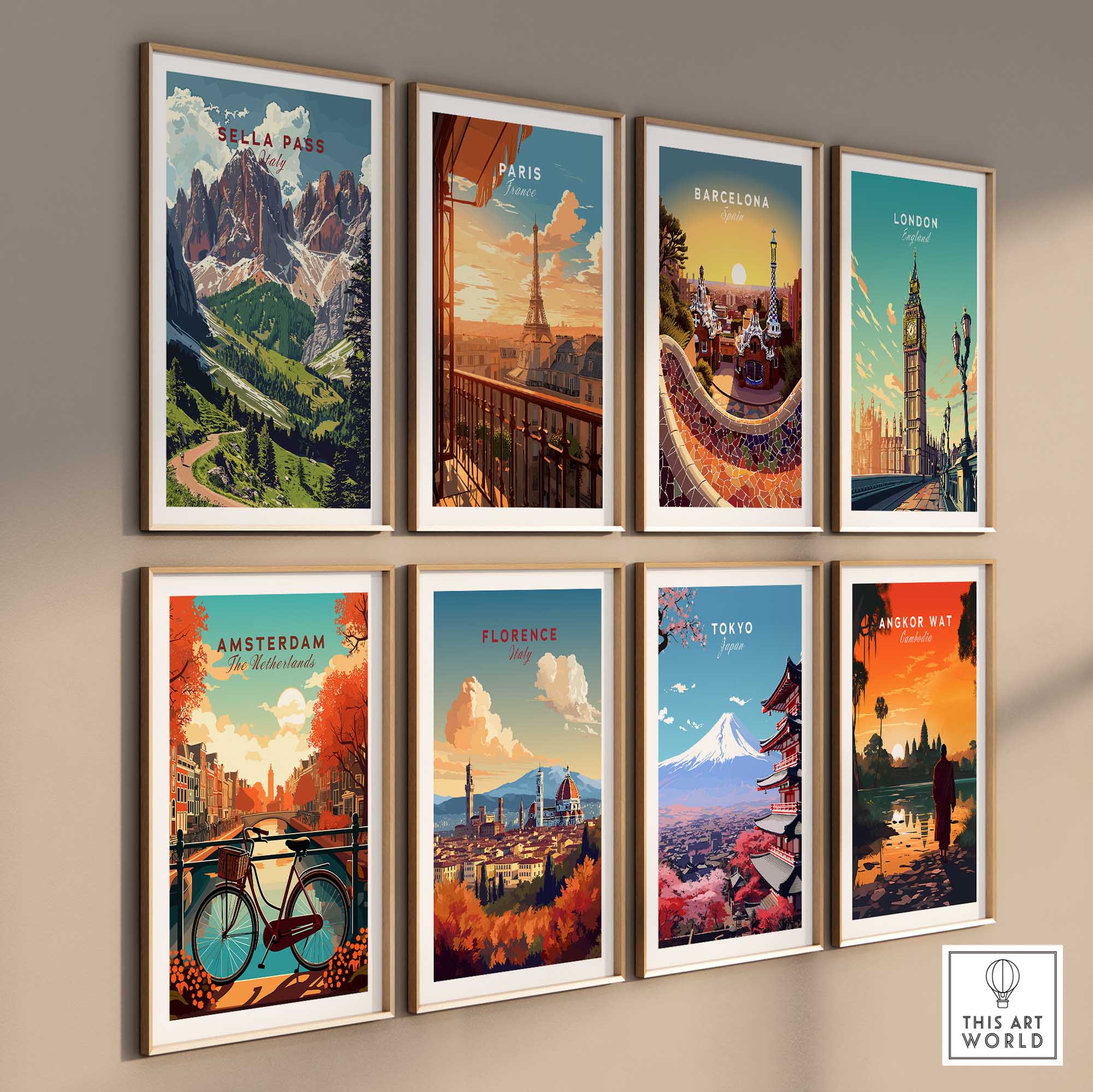 Sella Pass Poster Italy and other city travel posters displayed on a wall showcasing vibrant landscapes and landmarks.
