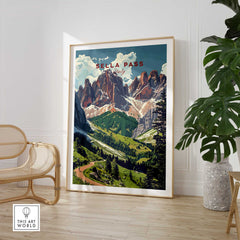 Sella Pass Poster Italy featuring stunning Dolomites landscape in a modern living space.