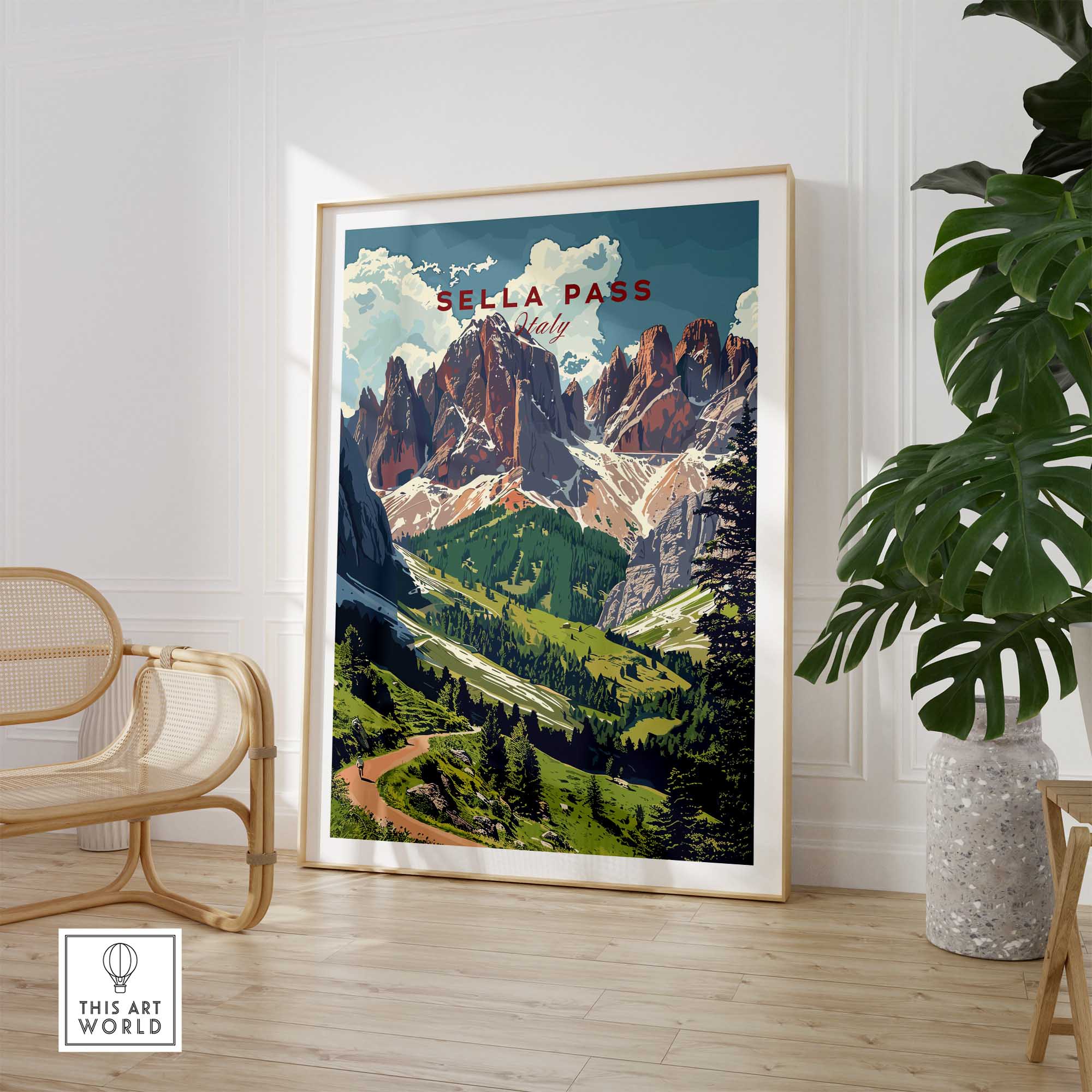 Sella Pass Poster Italy featuring stunning Dolomites landscape in a modern living space.