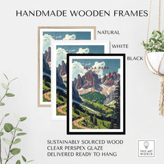 Sella Pass Poster Italy displayed in handmade wooden frames, featuring natural, white, and black options for a stylish look.