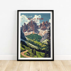 Sella Pass Poster Italy featuring the stunning mountains of the Dolomites in a vibrant design.