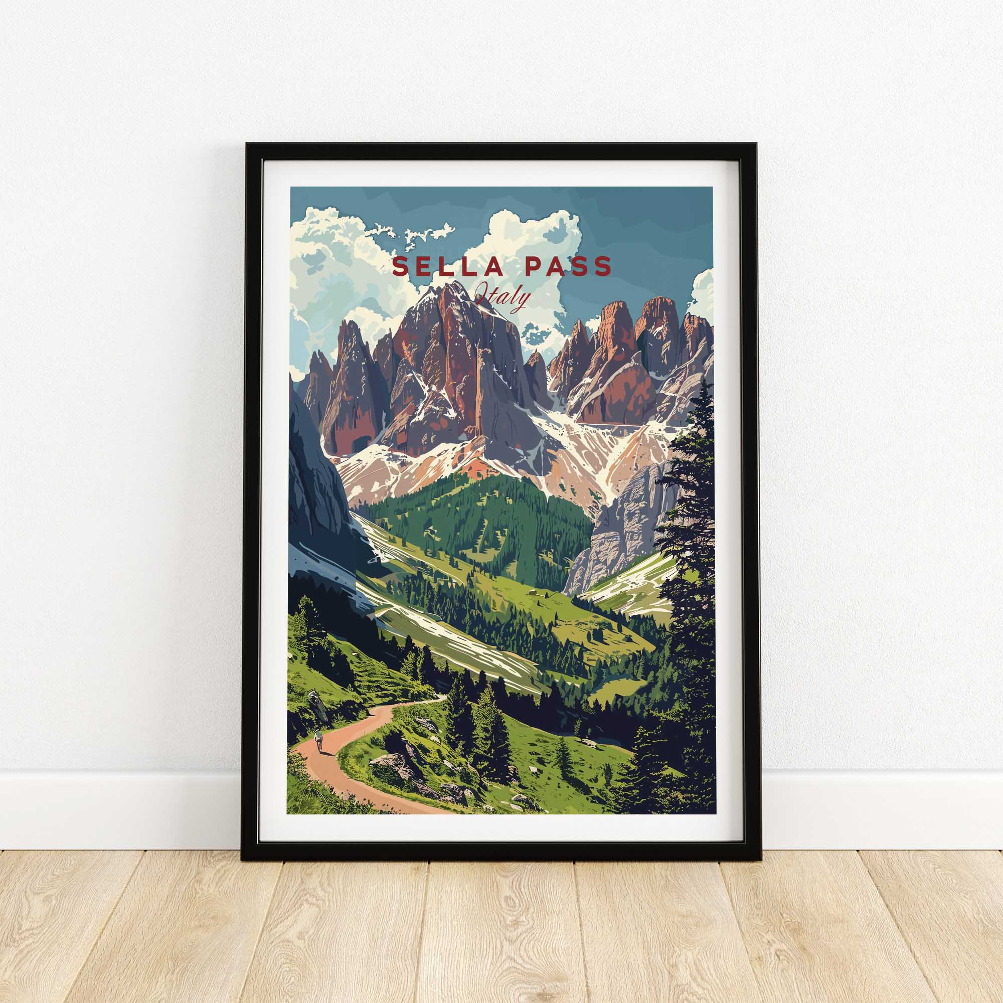 Sella Pass Poster Italy featuring the stunning mountains of the Dolomites in a vibrant design.