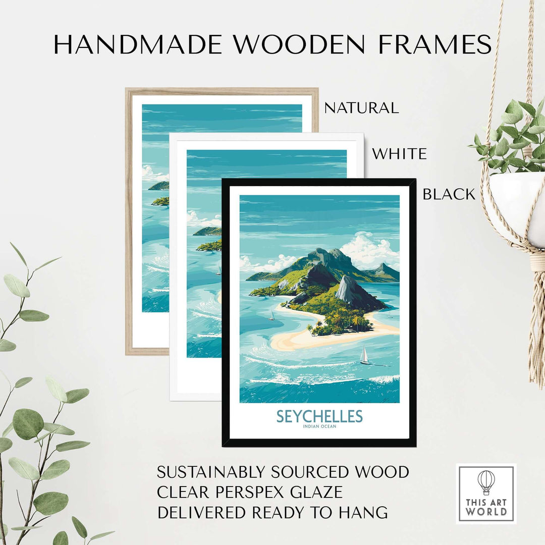 Exotic Seychelles poster in handmade wooden frames, featuring natural, white, and black options, ready to hang.