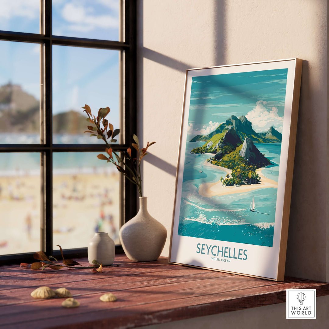Seychelles Indian Ocean Exotic Poster framed on a wooden table, showcasing tropical beach scenery and vibrant colors.