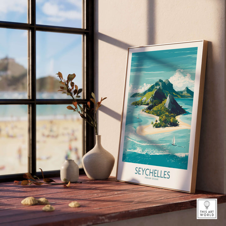 Seychelles Indian Ocean Exotic Poster framed on a wooden table, showcasing tropical beach scenery and vibrant colors.