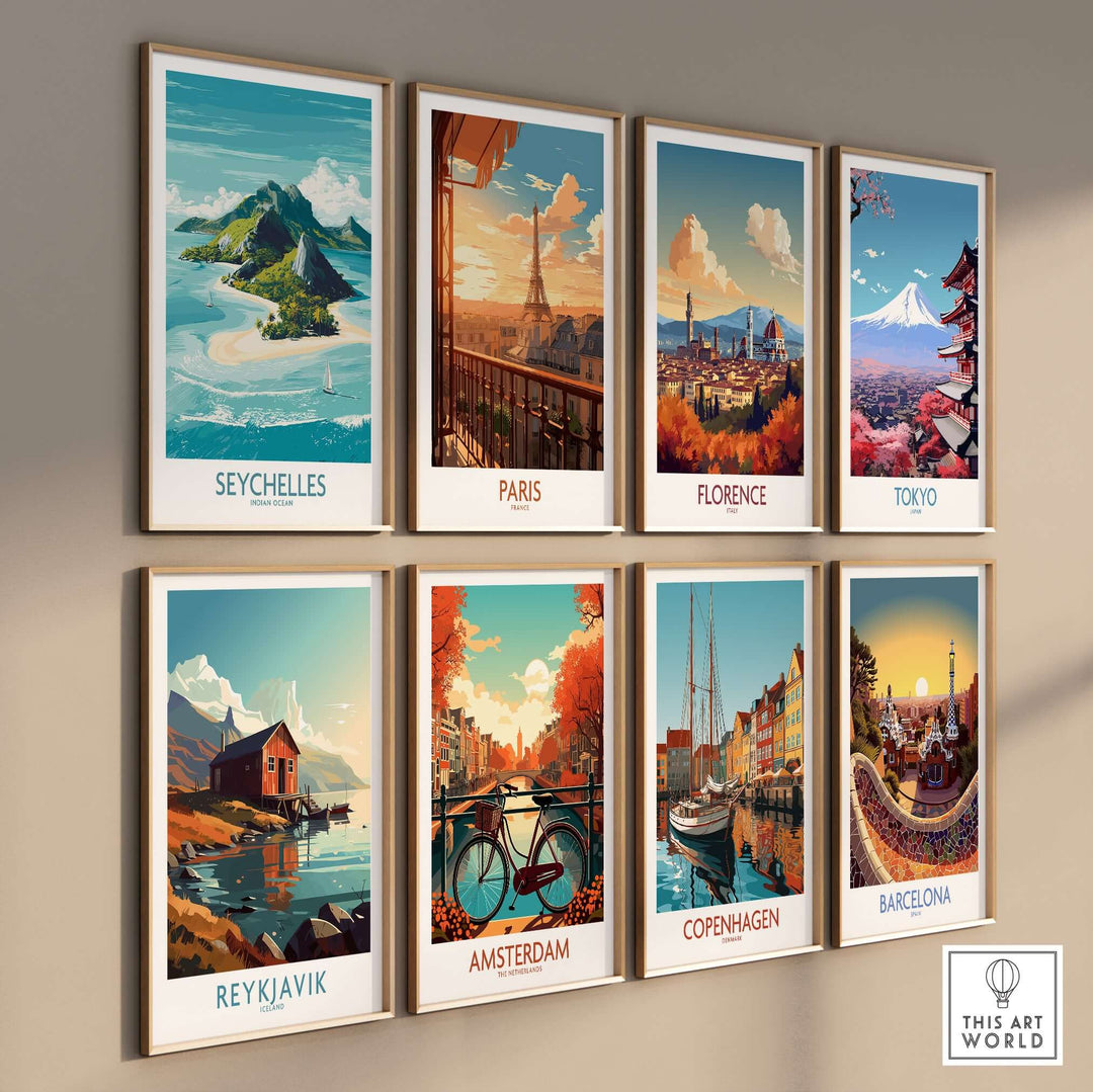 Collection of vibrant travel posters featuring Seychelles, Paris, Florence, Tokyo, Reykjavik, Amsterdam, Copenhagen, and Barcelona.
