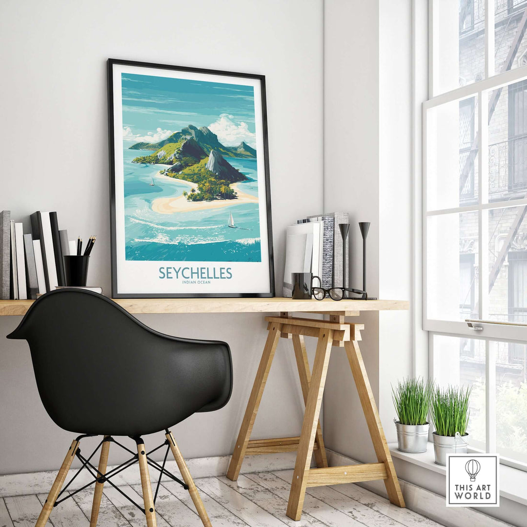 Seychelles Indian Ocean exotic poster displayed in a modern workspace, inspiring wanderlust with tropical scenery.