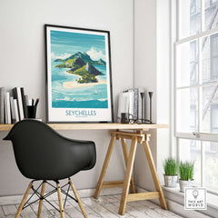Seychelles Indian Ocean Exotic Poster - Island Destination Print in a stylish office setting.