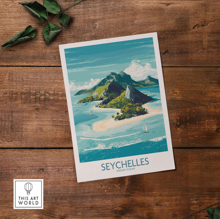 Seychelles Indian Ocean exotic poster featuring lush island scenery and crystal-clear waters.