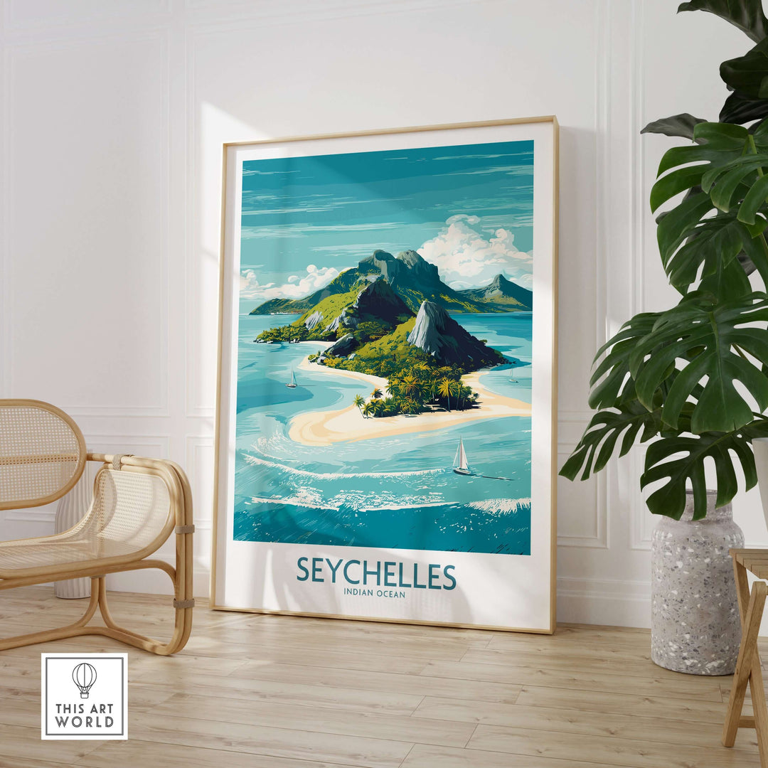 Seychelles Indian Ocean Exotic Poster showcasing tropical island scenery and crystal-clear waters, perfect for travel enthusiasts.