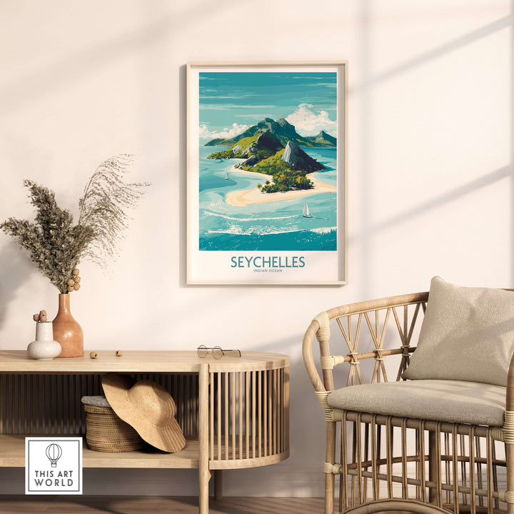 Seychelles Indian Ocean exotic poster showcasing stunning island scenery in a stylish interior setting.