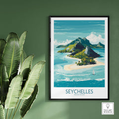 Seychelles Indian Ocean Exotic Poster - Island Destination Print featuring a tropical island scene and lush greenery.