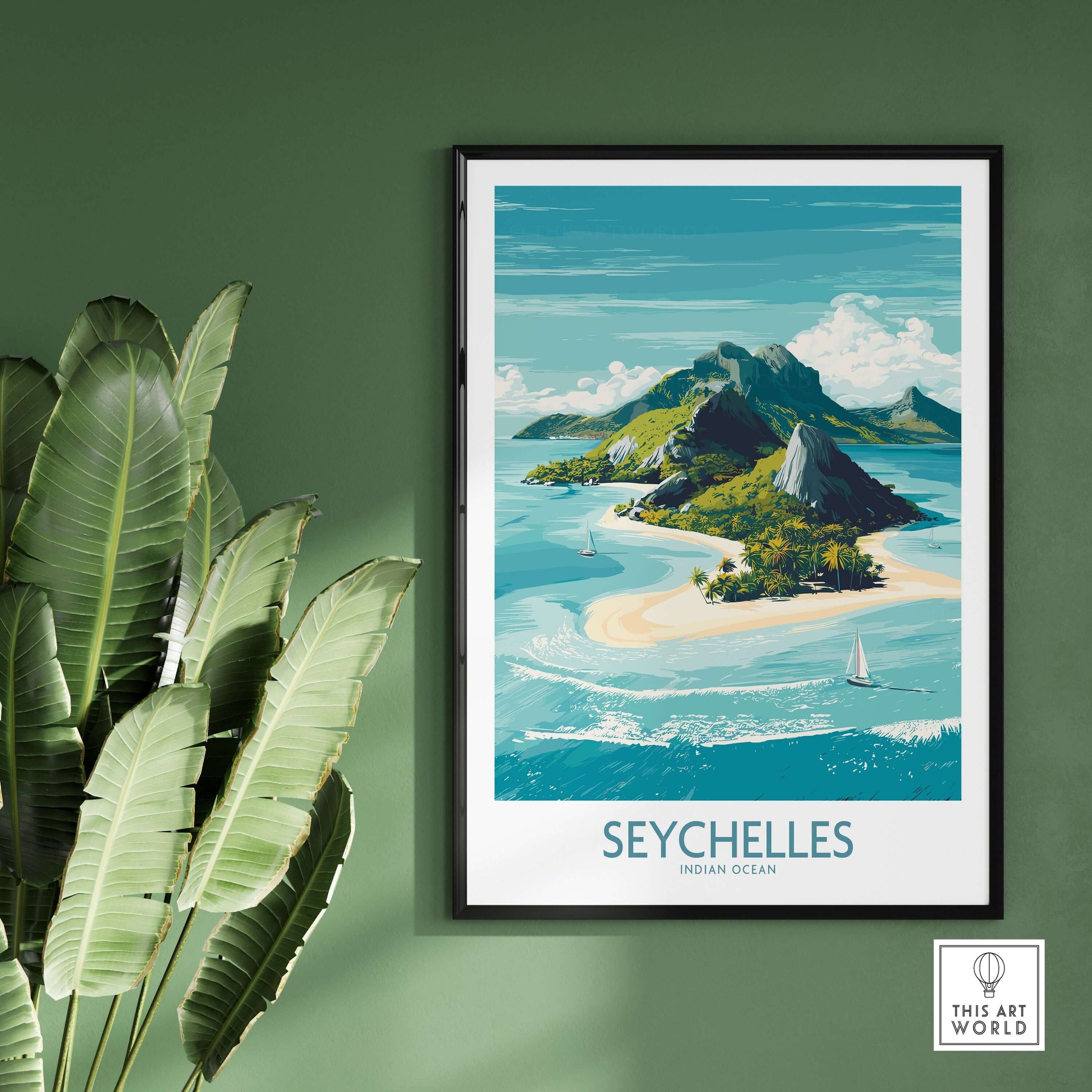 Seychelles Indian Ocean Exotic Poster - Island Destination Print featuring a tropical island scene and lush greenery.