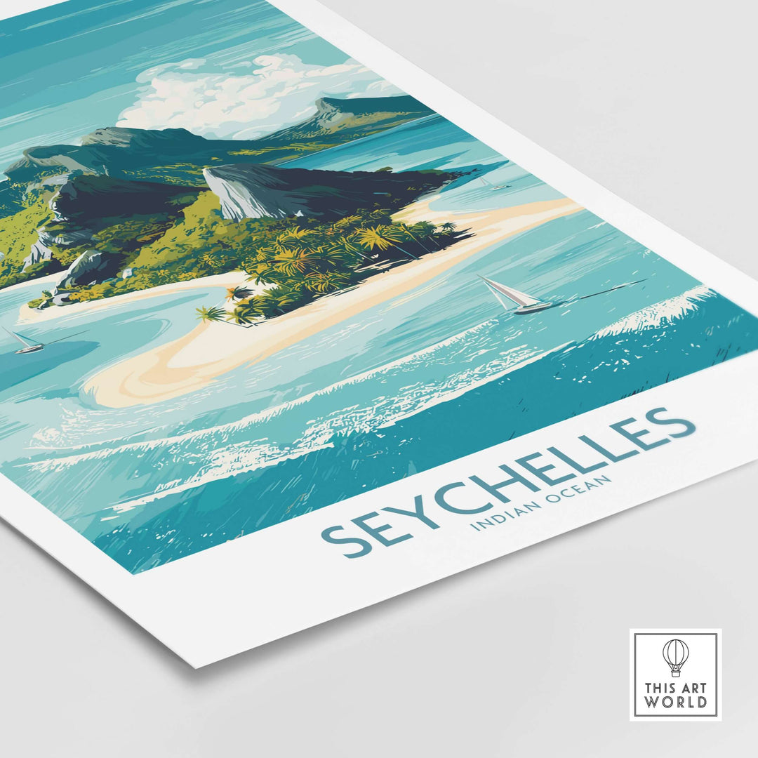 Seychelles Indian Ocean exotic poster featuring tropical beach, lush greenery, and crystal-clear waters.