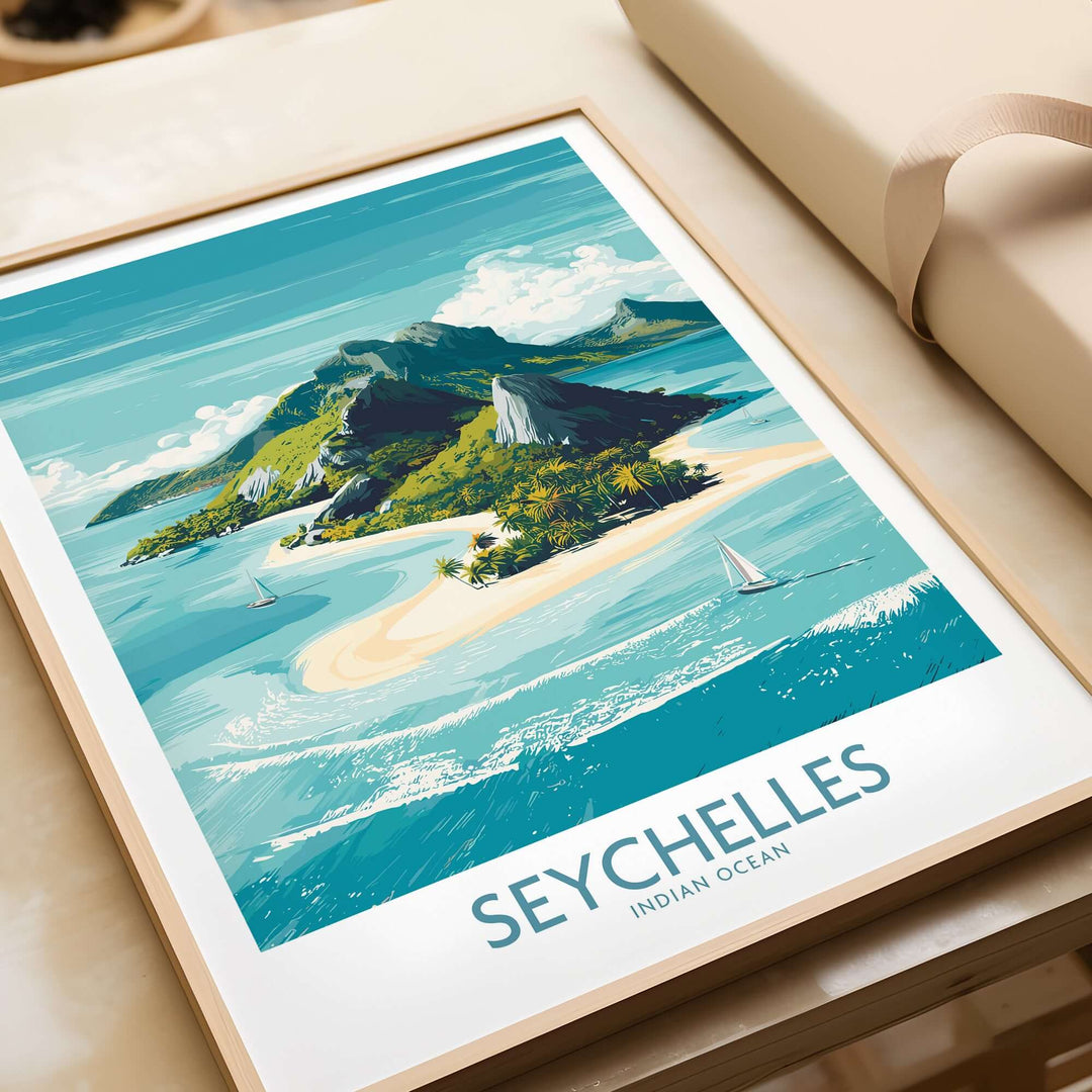 Seychelles Indian Ocean exotic poster featuring lush islands and crystal-clear waters in vibrant colors.