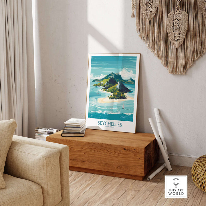 Seychelles Indian Ocean Exotic Poster showcasing lush beaches and turquoise waters in a stylish room decor.