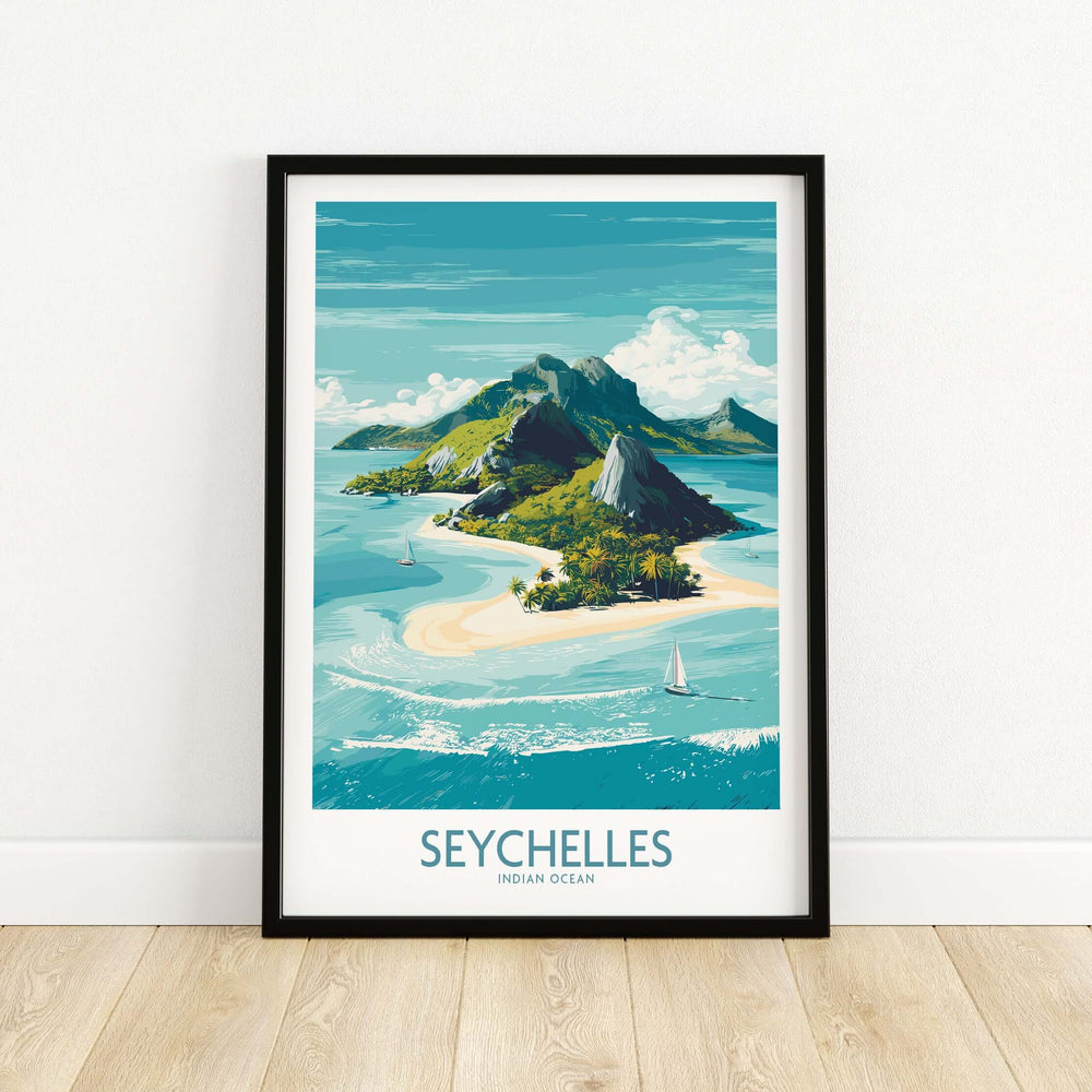 Seychelles Indian Ocean exotic poster showcasing lush island, clear waters, and tranquil beaches for travel lovers.