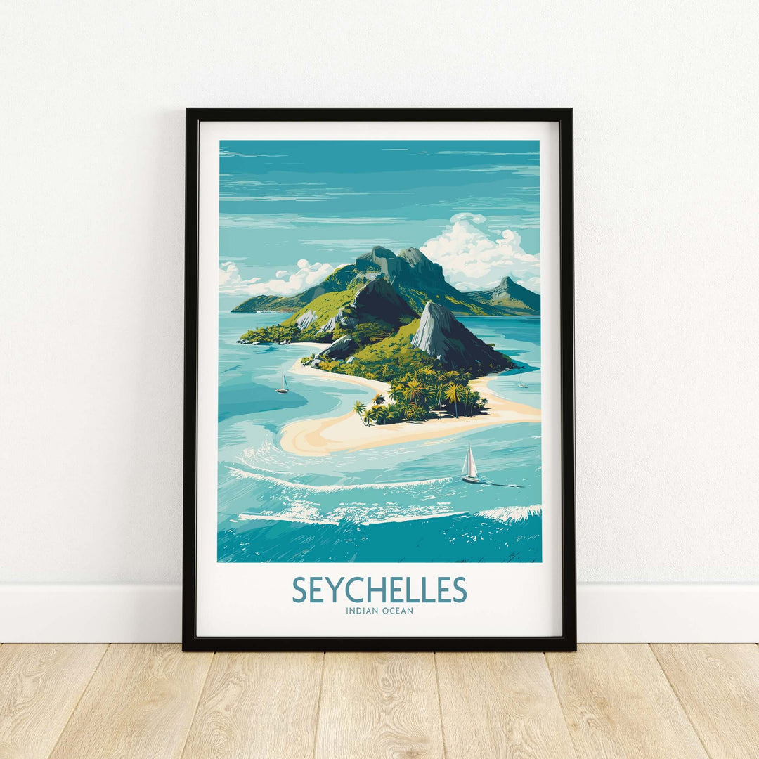 Seychelles Indian Ocean exotic poster showcasing lush island, clear waters, and tranquil beaches for travel lovers.