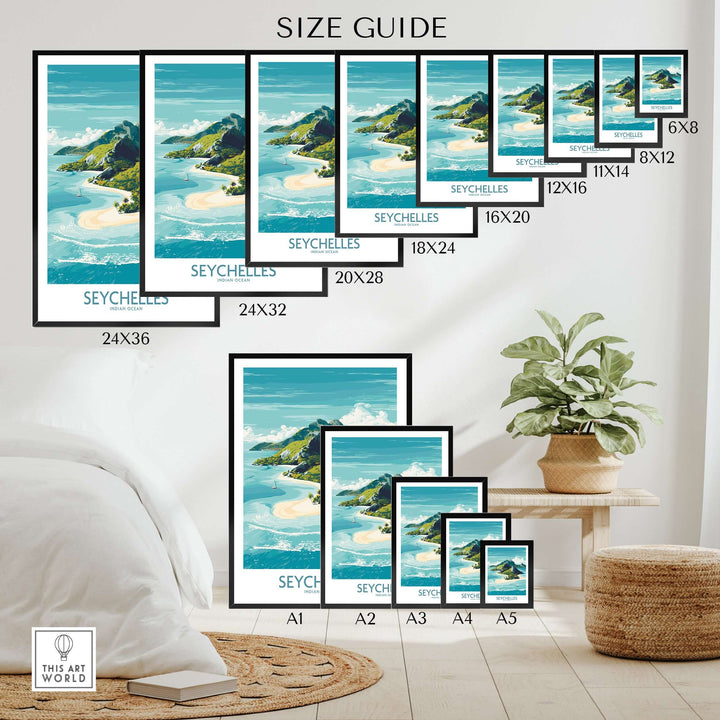 Size guide for Seychelles Indian Ocean poster prints displayed in various dimensions in a stylish room setup.