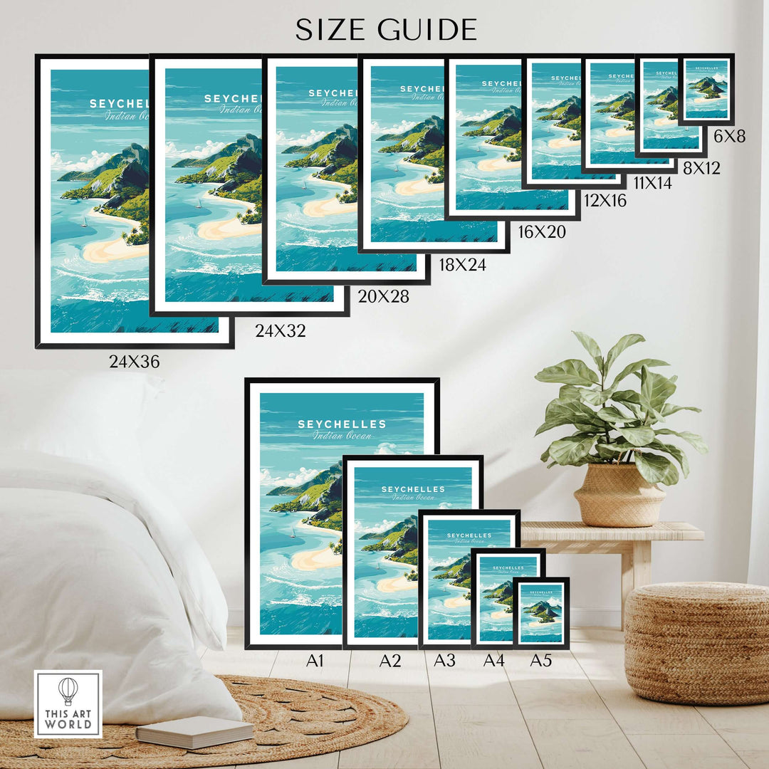 Seychelles tropical island print size guide showcasing various frame sizes for beach travel wall art.