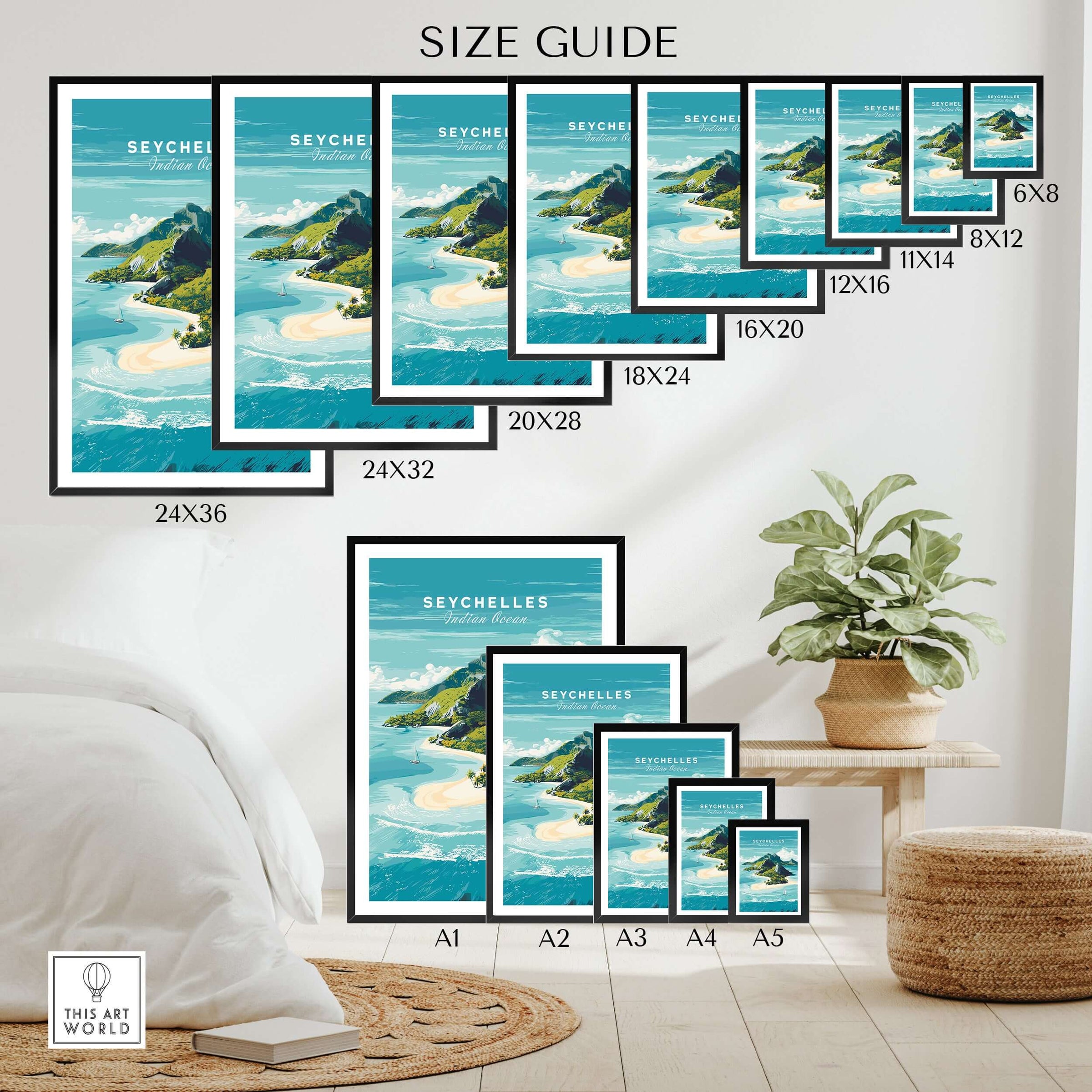 Seychelles Indian Ocean Tropical Island Paradise Print - Beach Travel Wall Art size guide with various frame options and artwork displays.