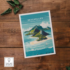 Seychelles Indian Ocean Tropical Island Paradise Print - Beach Travel Wall Art on rustic wooden background