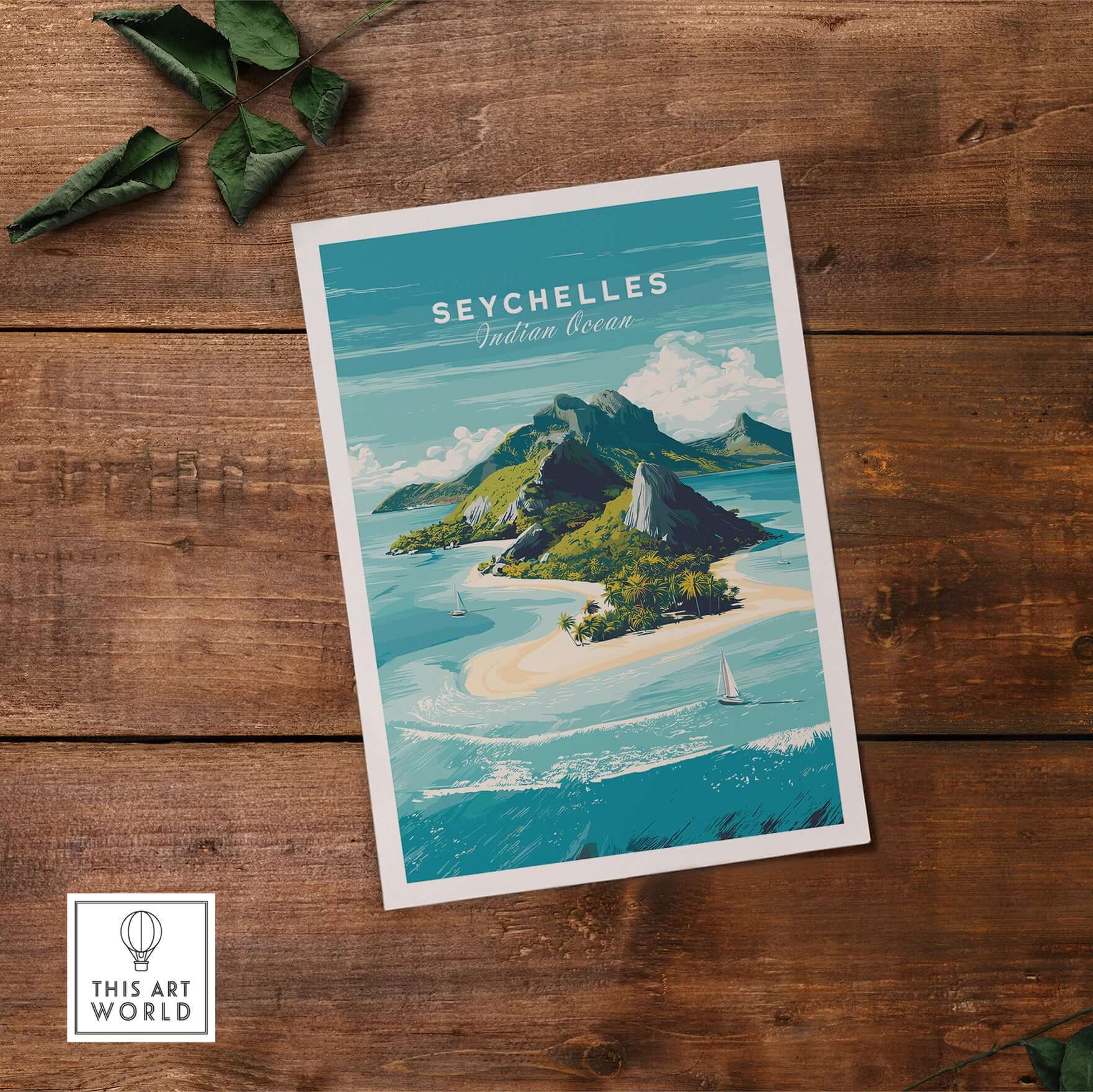 Seychelles Indian Ocean Tropical Island Paradise Print - Beach Travel Wall Art on rustic wooden background
