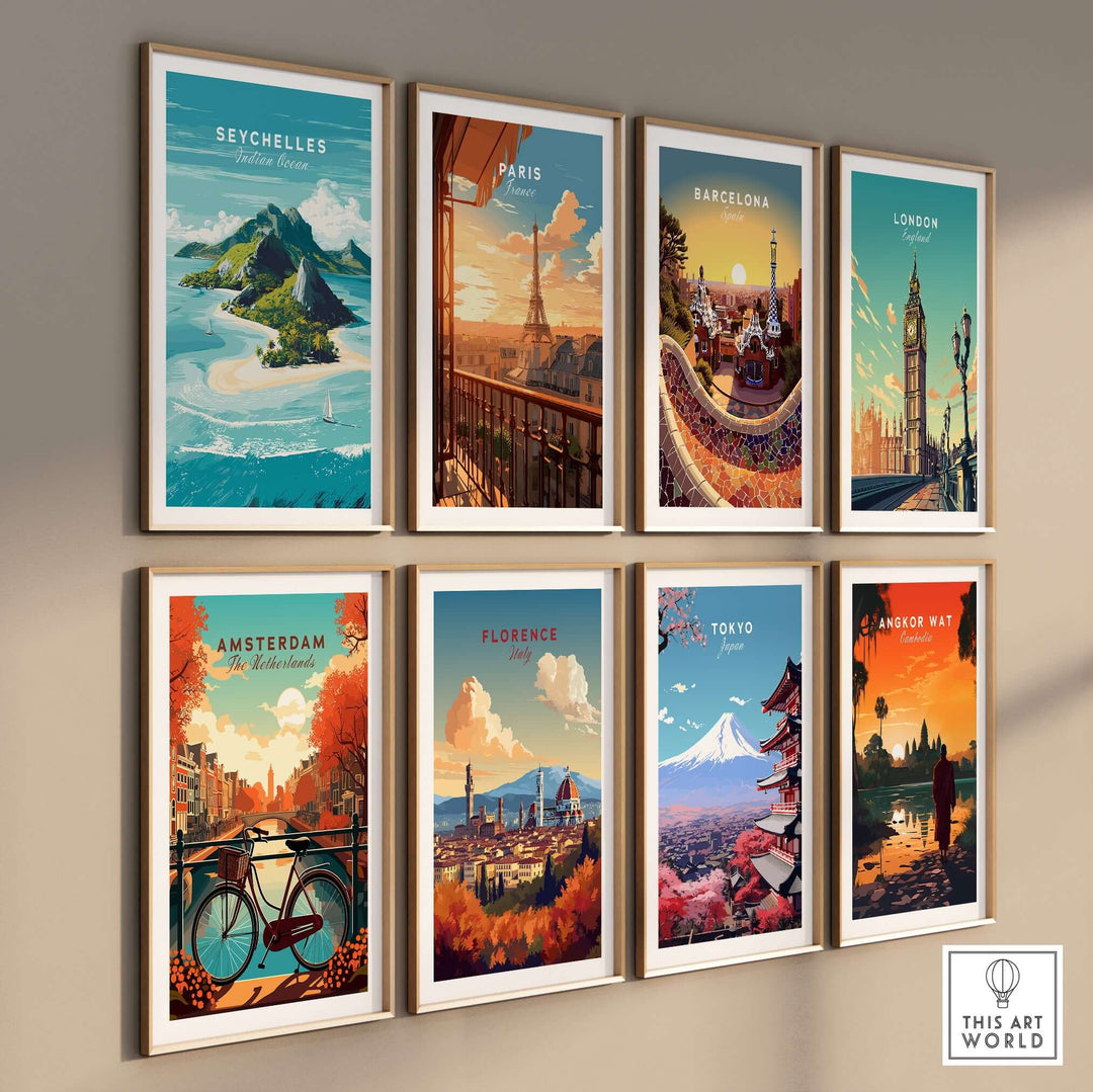 Gallery wall featuring travel posters of Seychelles, Paris, Barcelona, London, Amsterdam, Florence, Tokyo, and Angkor Wat.