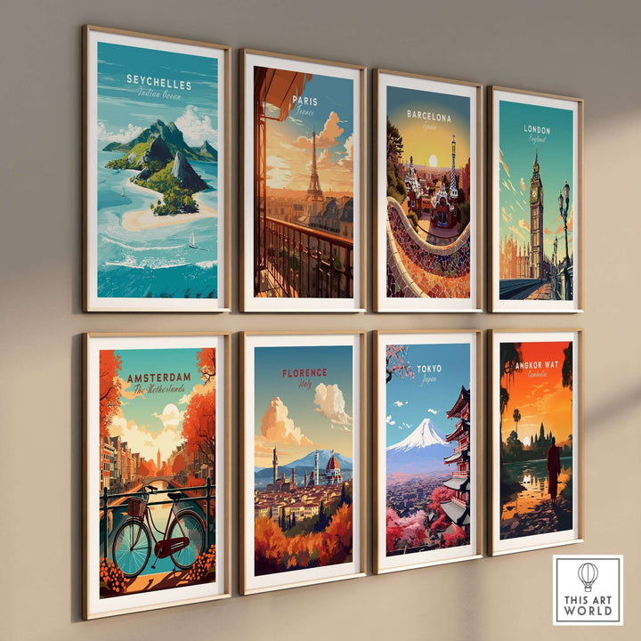 Gallery wall featuring travel posters of Seychelles, Paris, Barcelona, London, Amsterdam, Florence, Tokyo, and Angkor Wat.
