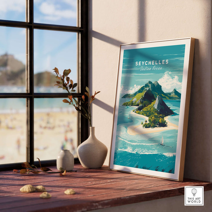Seychelles Indian Ocean tropical island print framed on a windowsill, showcasing stunning beach and lush landscape.