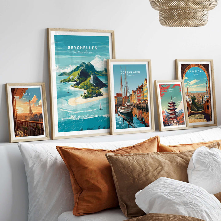 Stylish beach travel wall art featuring Seychelles and other global destinations, ideal for home decor.