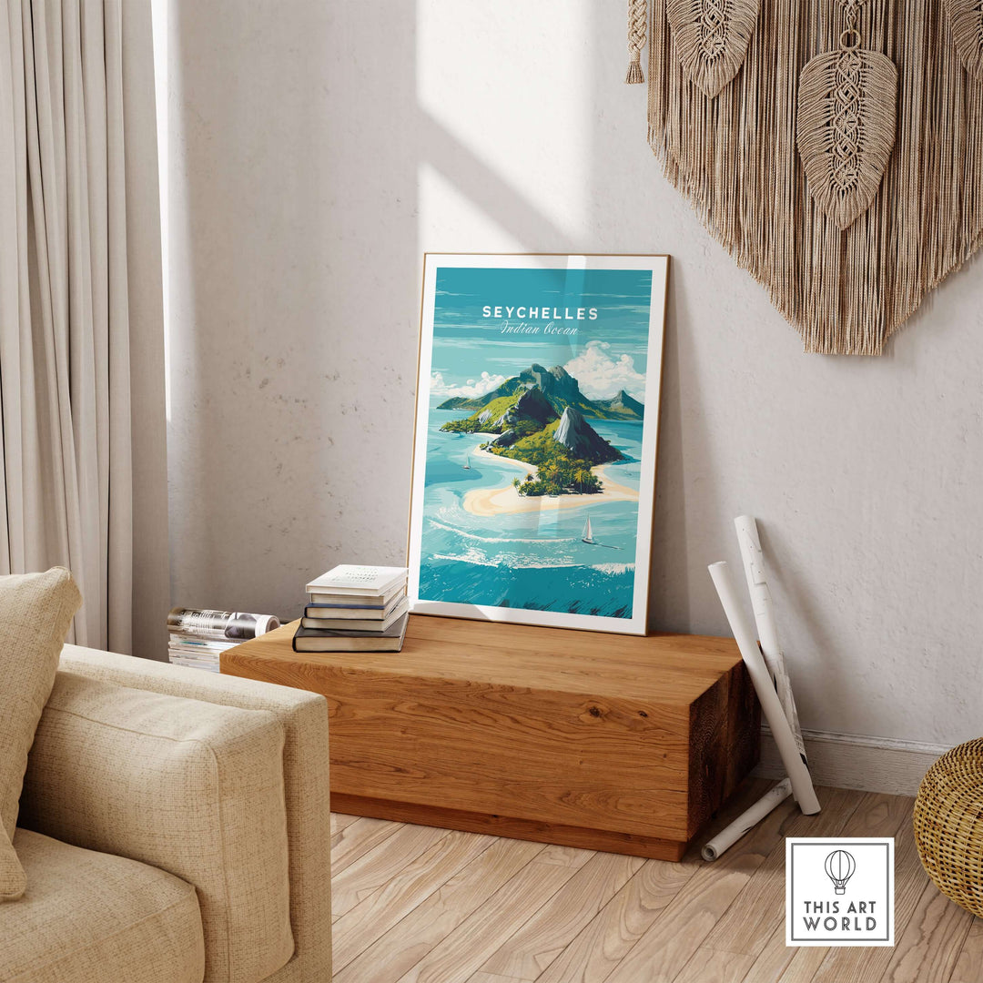 Seychelles Indian Ocean tropical island print showcasing scenic beaches and turquoise waters in a cozy home setting.