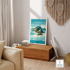 Seychelles Indian Ocean Tropical Island Paradise Print - Beach Travel Wall Art displayed in a modern living room.