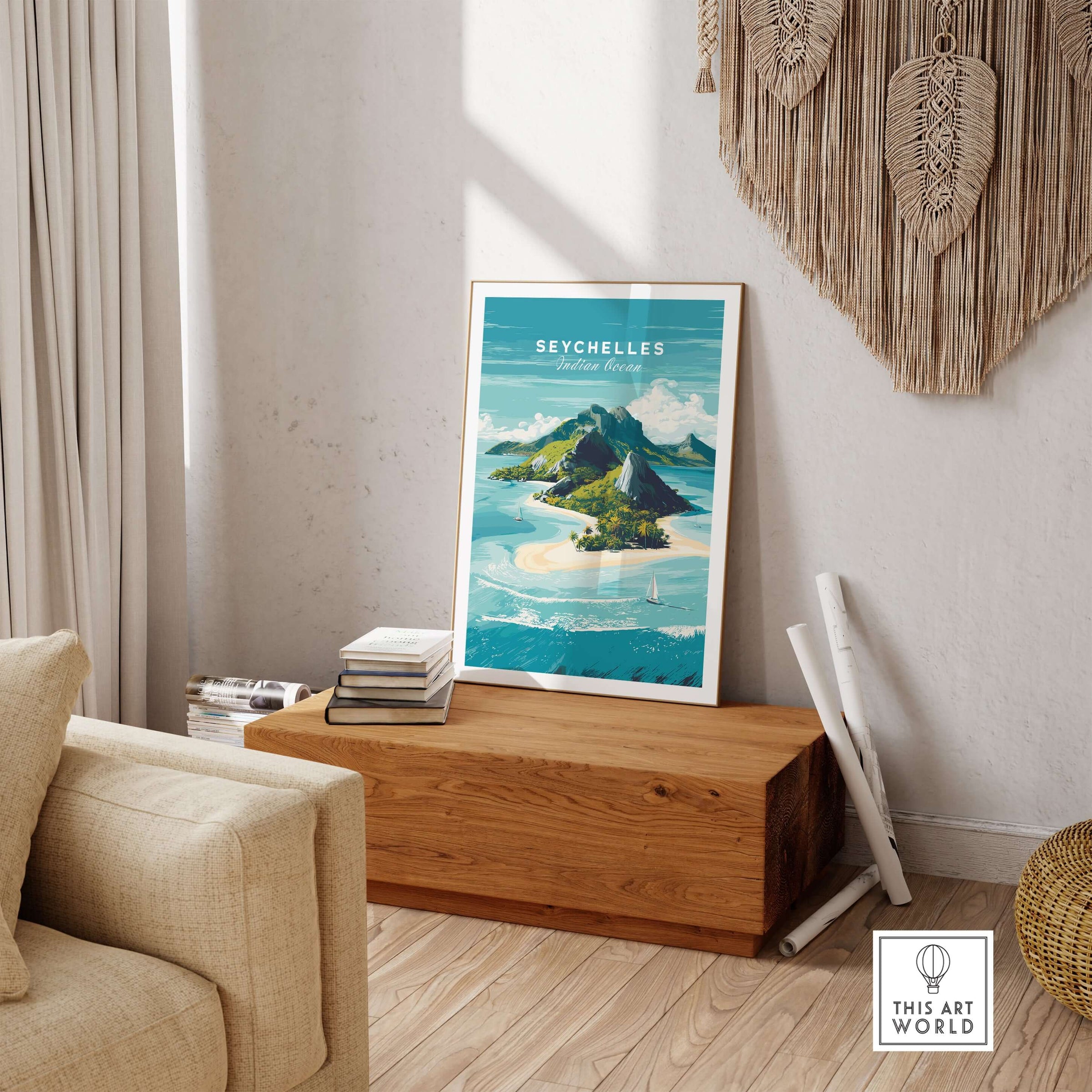 Seychelles Indian Ocean Tropical Island Paradise Print - Beach Travel Wall Art displayed in a modern living room.