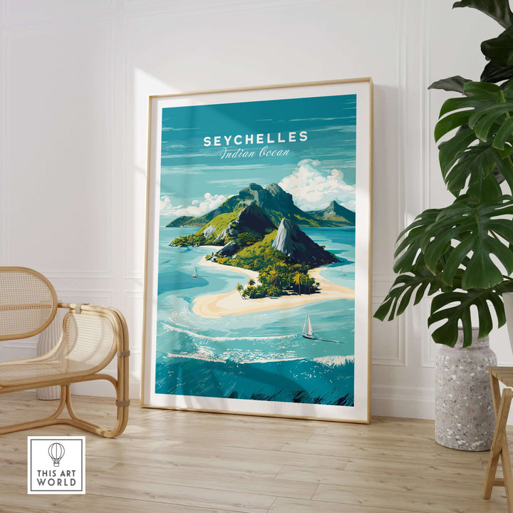 Seychelles Indian Ocean tropical island print framed on wall, showcasing pristine beaches and lush greenery.