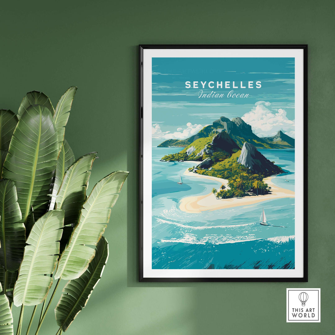Seychelles Indian Ocean tropical island print in a stylish frame, showcasing pristine beaches and lush mountains.