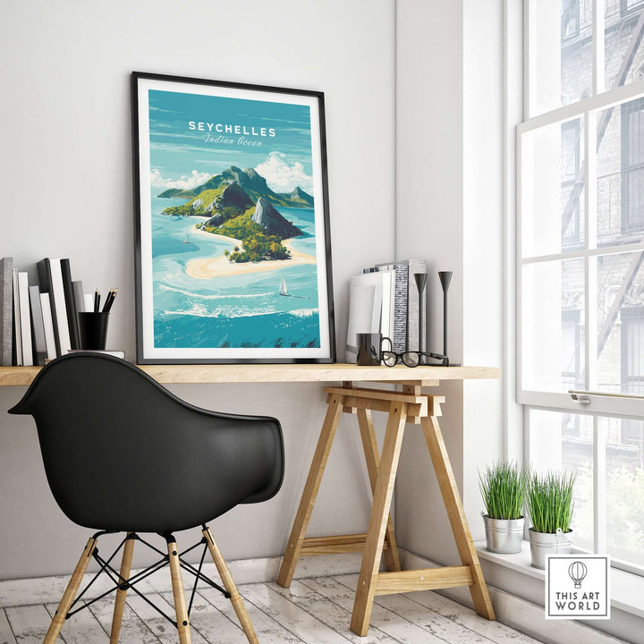 Seychelles tropical island print on wall above a desk, showcasing idyllic beaches and lush greenery in stylish home decor.