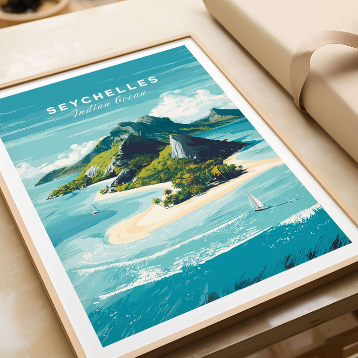 Seychelles Indian Ocean tropical island print showcasing pristine beaches and lush greenery, perfect beach wall art.