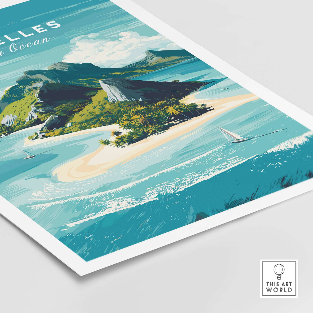 Seychelles Indian Ocean tropical island print featuring lush greenery and crystal-clear waters, perfect beach travel wall art.