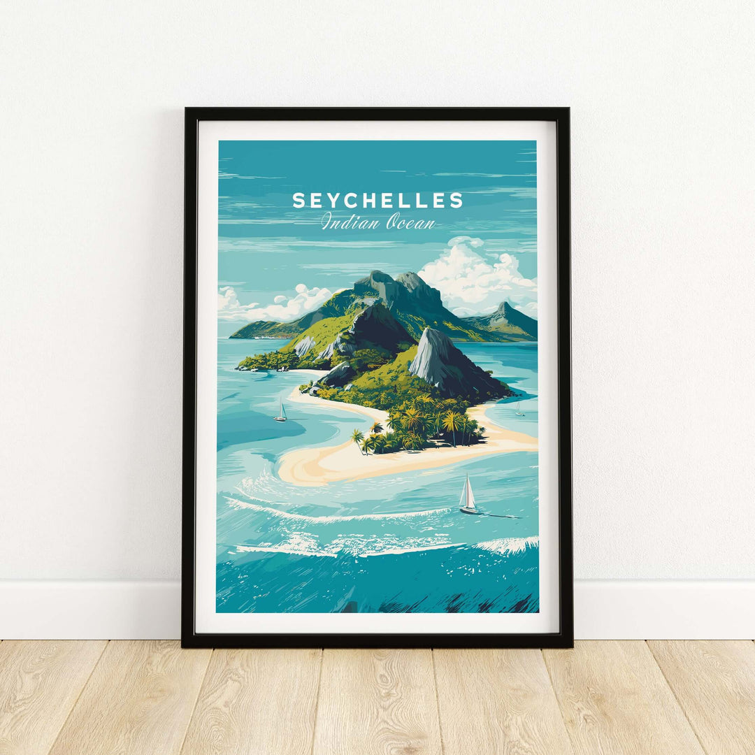 Seychelles Indian Ocean tropical island print featuring pristine beaches and lush greenery.