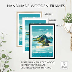Seychelles Indian Ocean Tropical Island Paradise Print - Beach Travel Wall Art in handmade wooden frames, natural, white, and black.