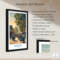 Siem Reap Cambodia Poster | Charming Southeast Asian Village Canvas Print framed art print with tuk tuks and village scene.