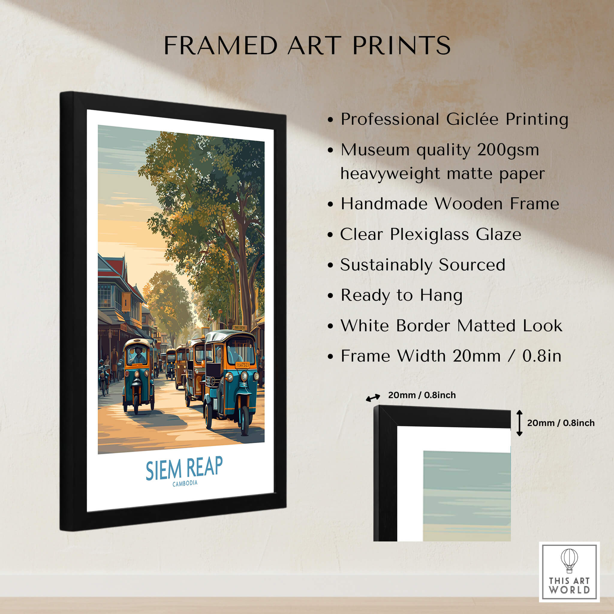 Siem Reap Cambodia Poster | Charming Southeast Asian Village Canvas Print framed art print with tuk tuks and village scene.