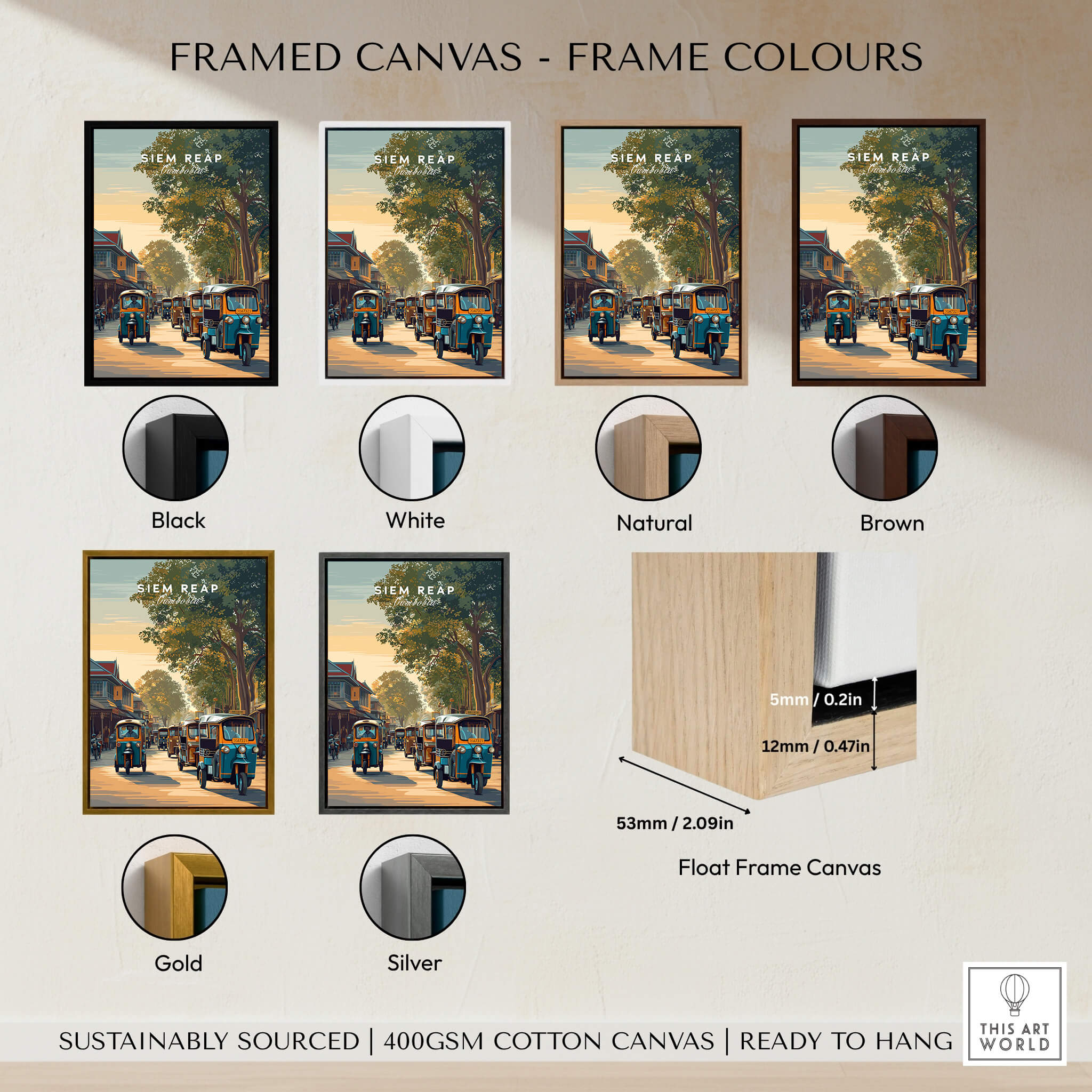 Siem Reap Cambodia Wall Art Print | Traditional Tuk Tuk Travel Poster framed in six color options including black, white, and gold.