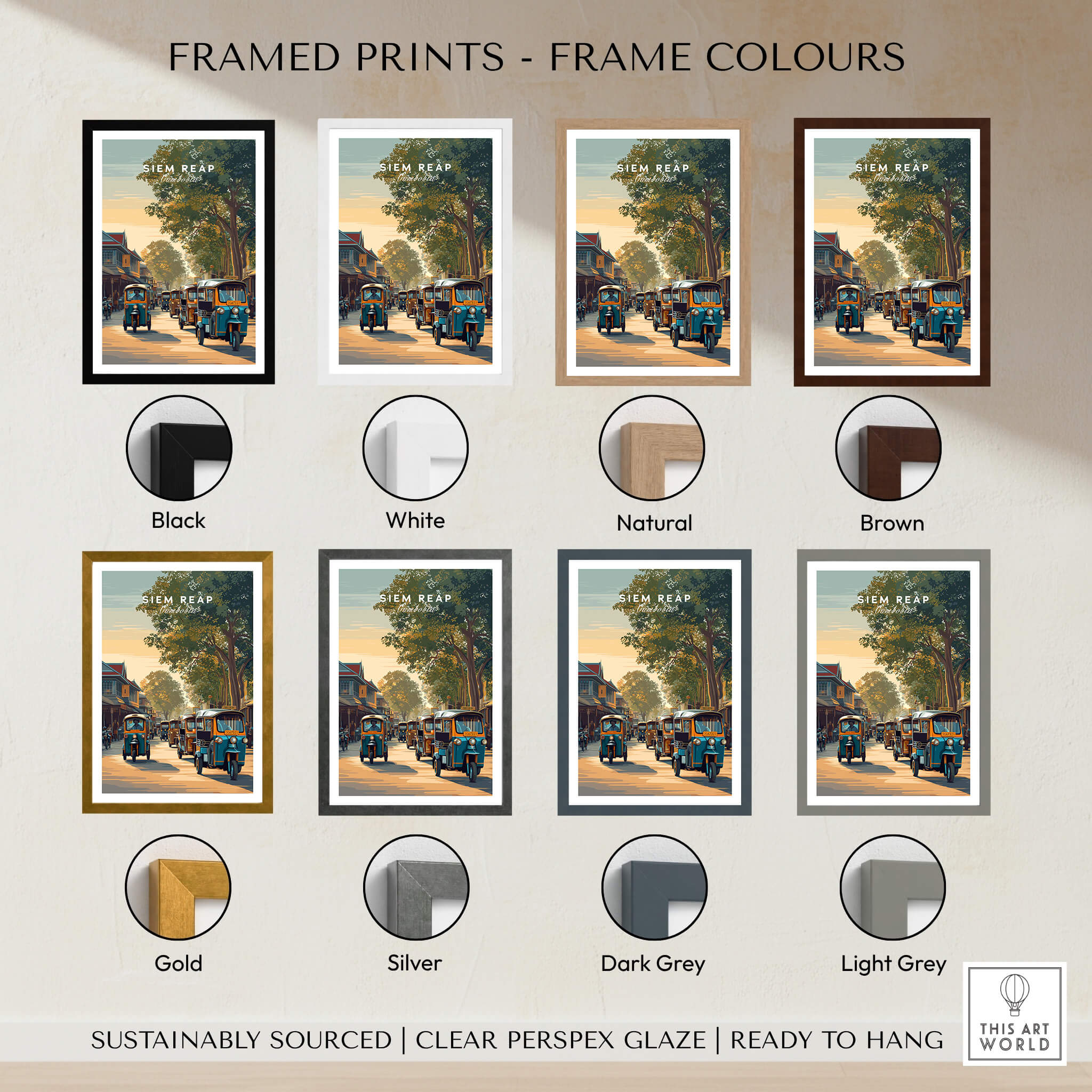 Siem Reap Cambodia Wall Art Print | Traditional Tuk Tuk Travel Poster framed print options in various colors.