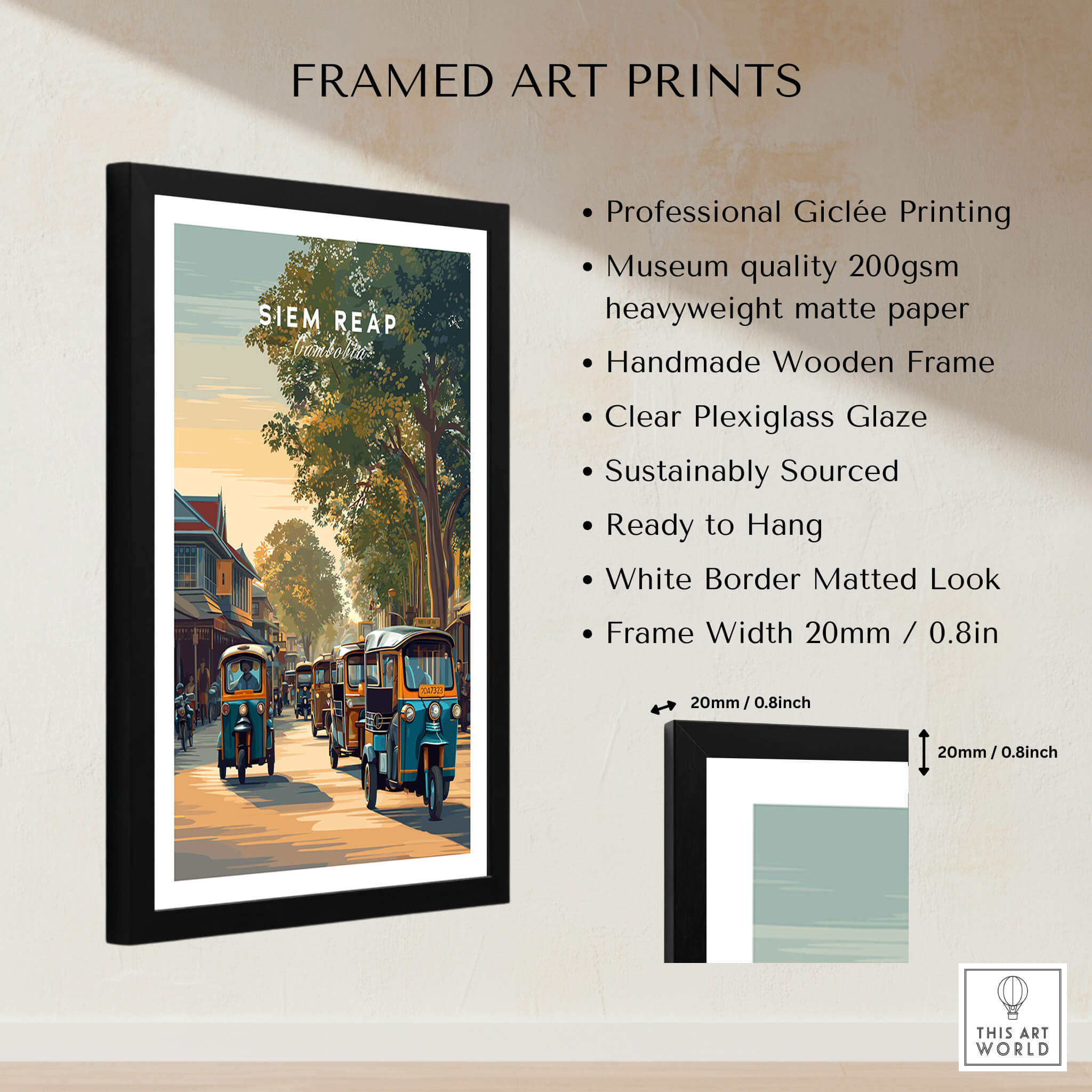 Siem Reap Cambodia Wall Art Print | Traditional Tuk Tuk Travel Poster framed print featuring tuk tuks and vibrant colors.